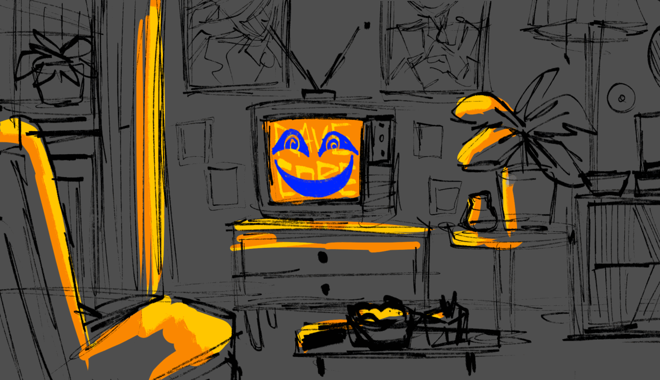 upon hovering on the image, the tv changes. now it glows a bright orange and displays the words RAVECORE with a blue, smiling face overlayed it. the room remains otherwise unchanged.
