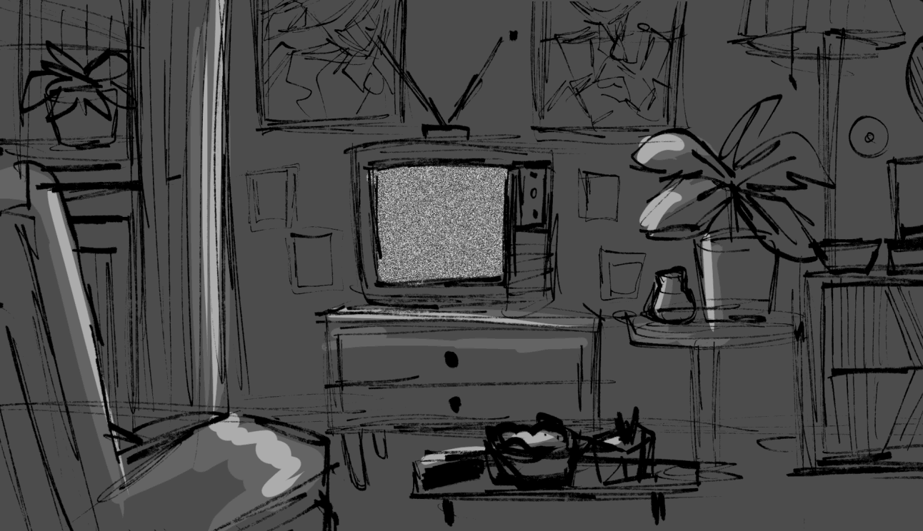 image is of a room, in the center sits a tv playing static. around it is a coffee table, images on the wall, and a small end table with a plant. the room is dark outside of the tv.